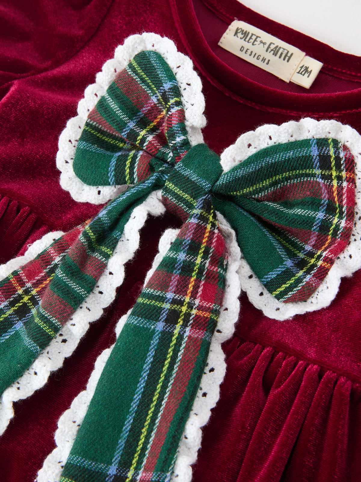 Rylee Faith Designs - Baby Girls Christmas Burgundy Velvet Plaid Bow Romper - alternate view 3