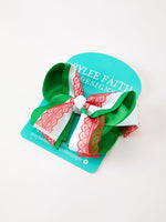 Rylee Faith Designs - Christmas Red Lace Green Layered Bow Hair Clip 6.3 Inches