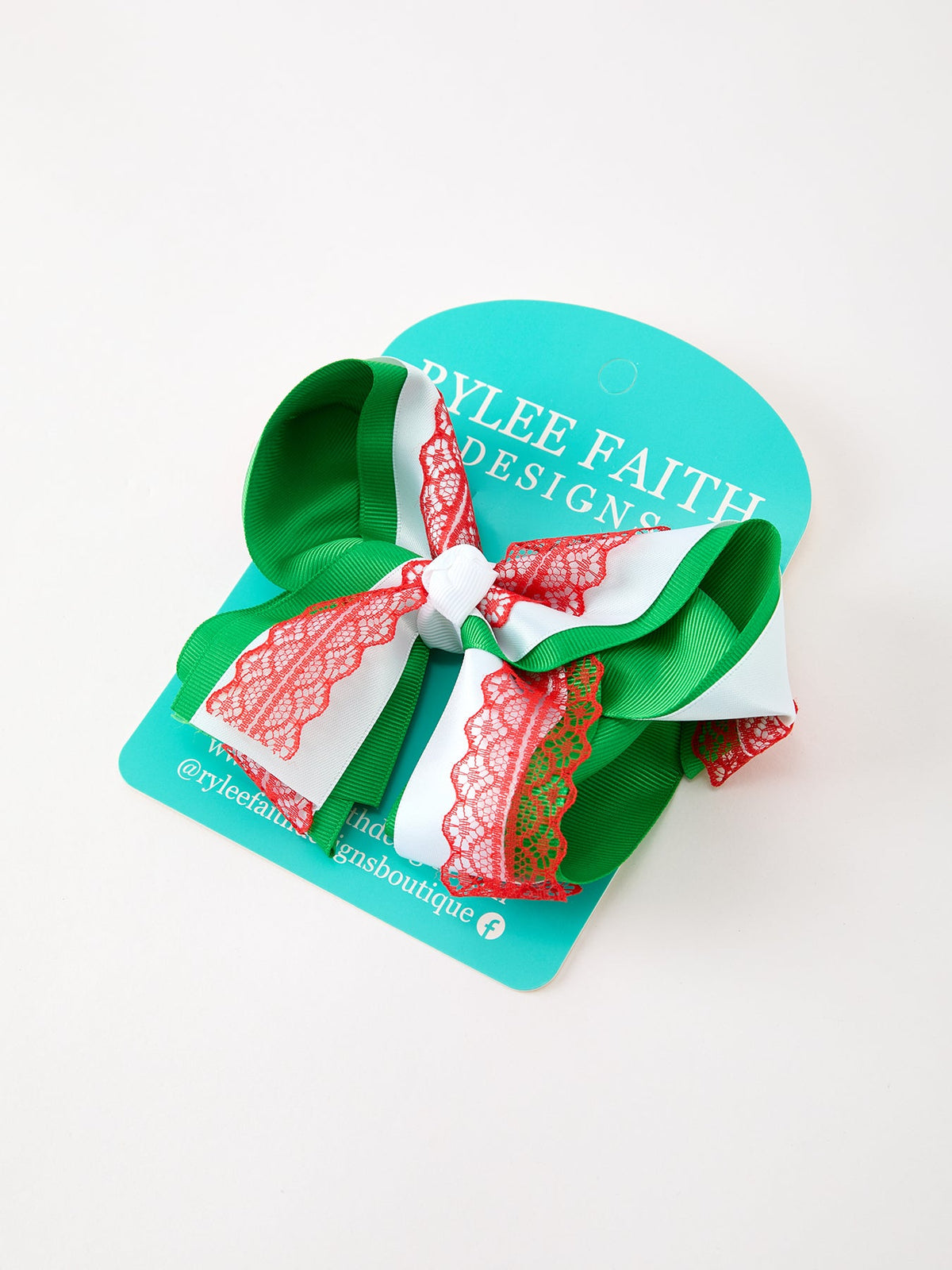 Rylee Faith Designs - Christmas Red Lace Green Layered Bow Hair Clip 6.3 Inches