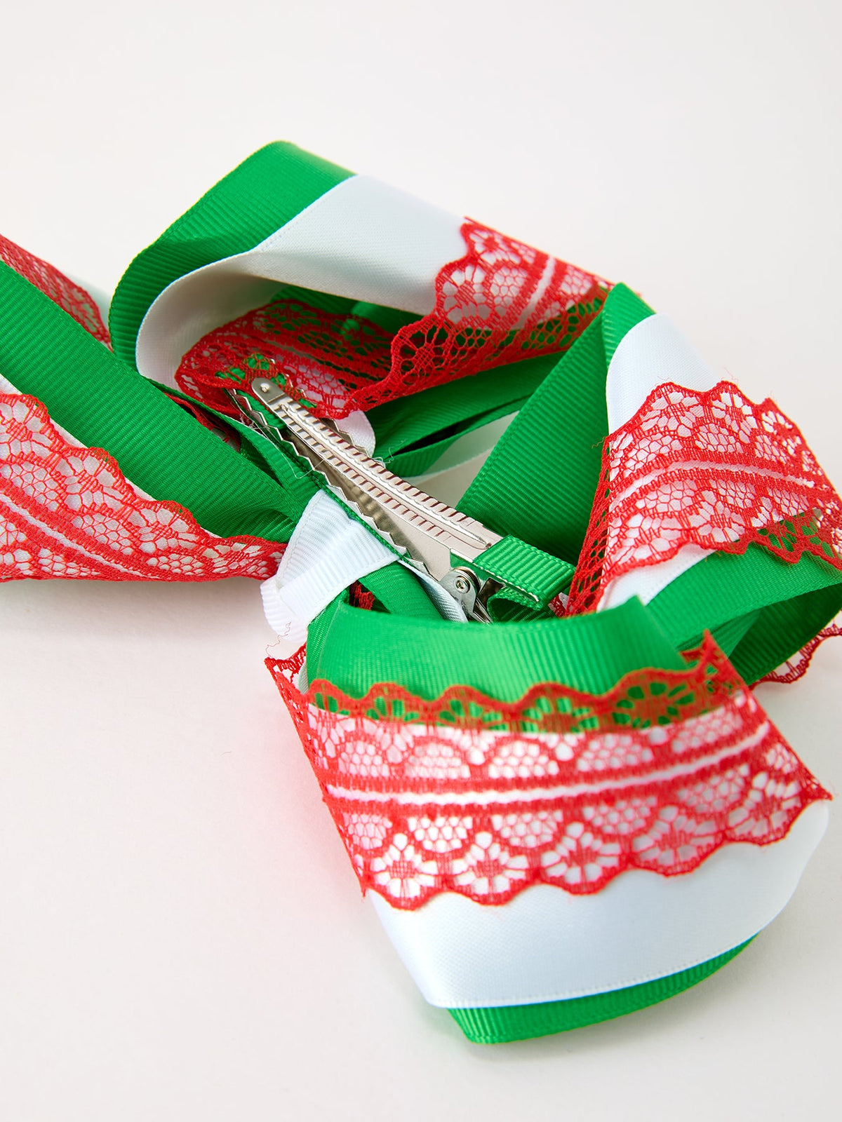 Rylee Faith Designs - Christmas Red Lace Green Layered Bow Hair Clip 6.3 Inches - alternate view 5