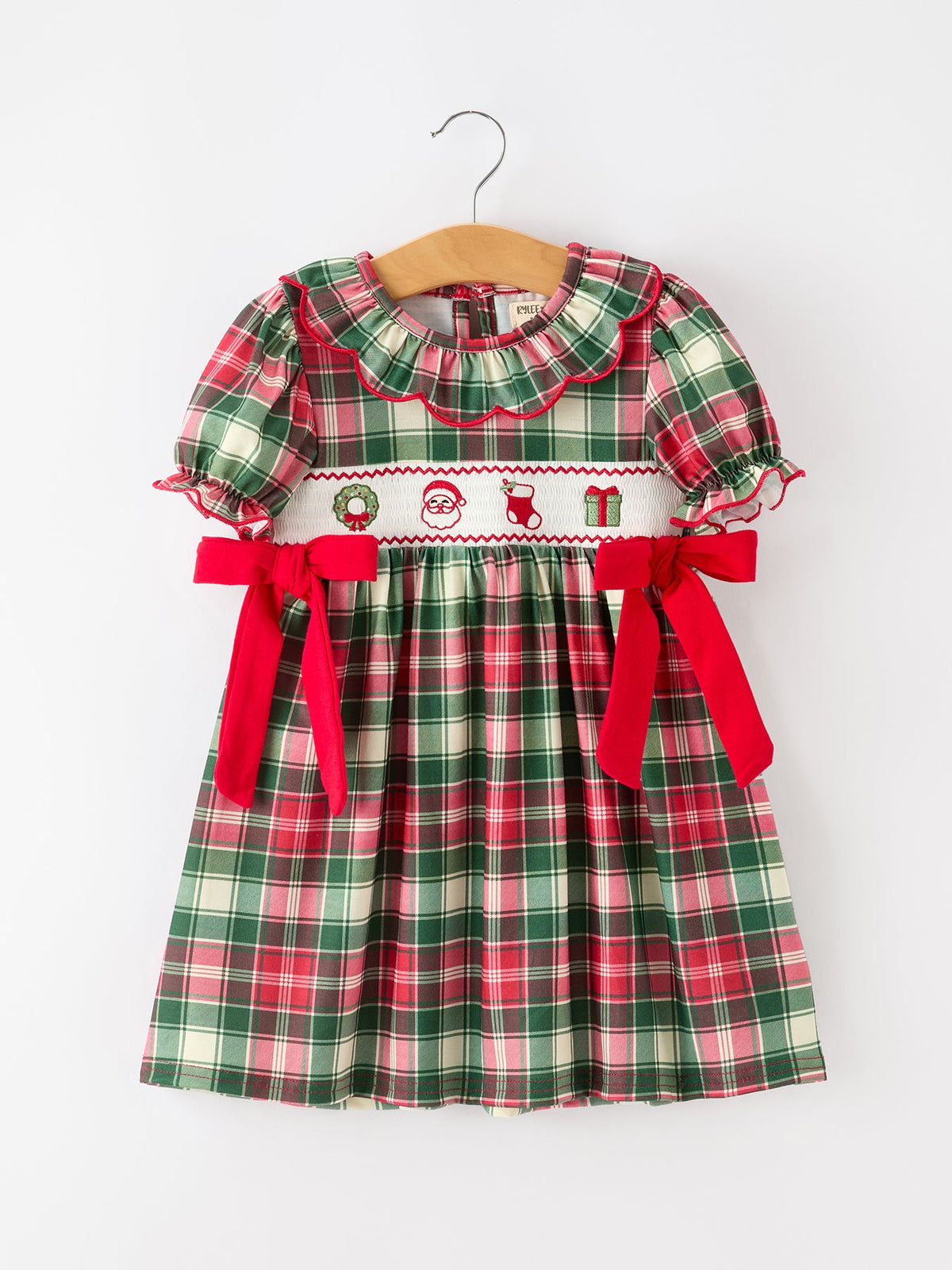 Rylee Faith Designs - Christmas Girls Plaid Smocked Ruffle Collar Bow Dress