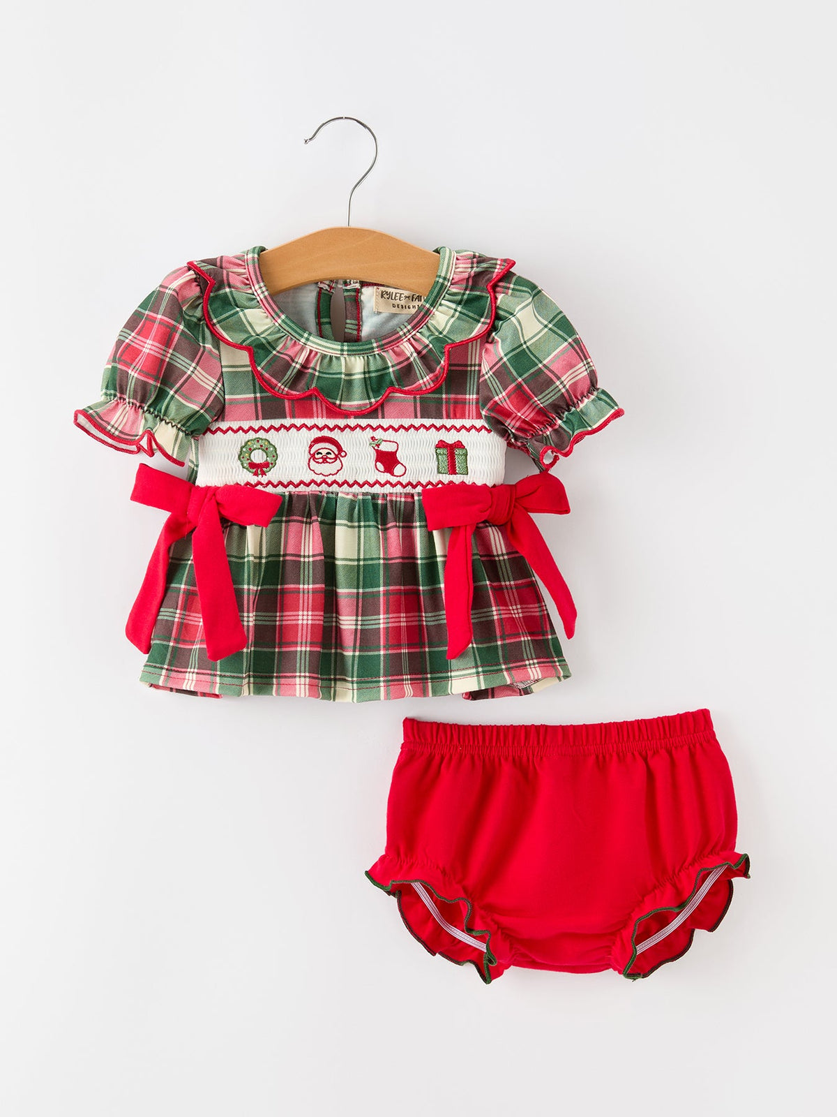 Rylee Faith Designs - Christmas Girls Plaid Smocked Ruffle Collar Bloomer Set