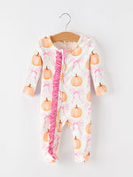 Rylee Faith Designs - Fall Baby Girls Pumpkin Bow Ruffle Zip Romper
