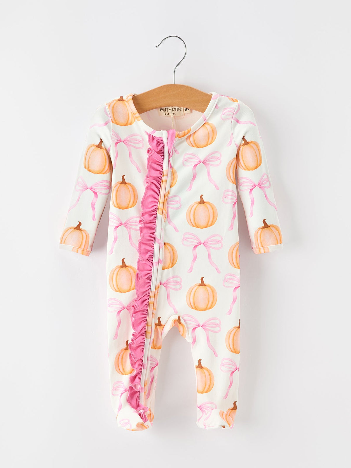 Rylee Faith Designs - Fall Baby Girls Pumpkin Bow Ruffle Zip Romper