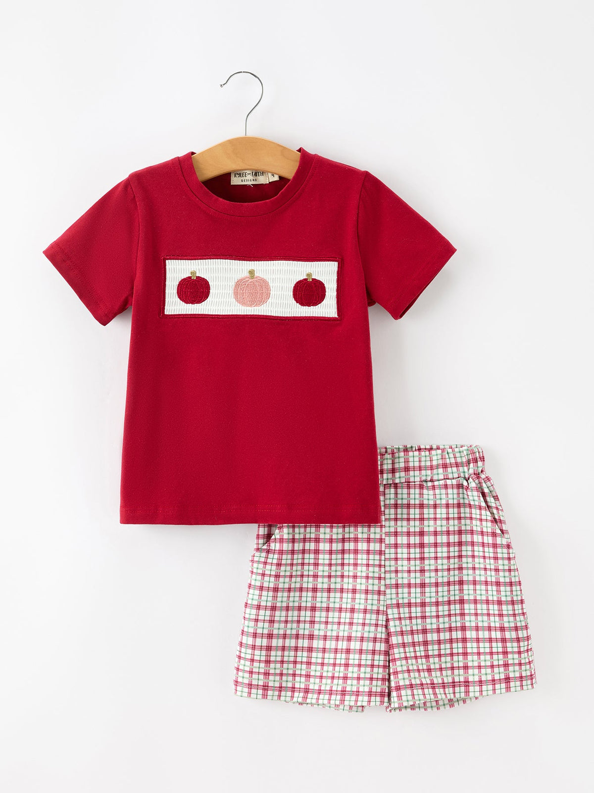 Rylee Faith Designs - Fall Pumpkin Boys Outfit Set Red Tee Plaid Shorts Set