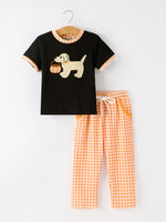 Rylee Faith Designs - Boys Halloween Dog Pumpkin Outfit Set Plaid Pants
