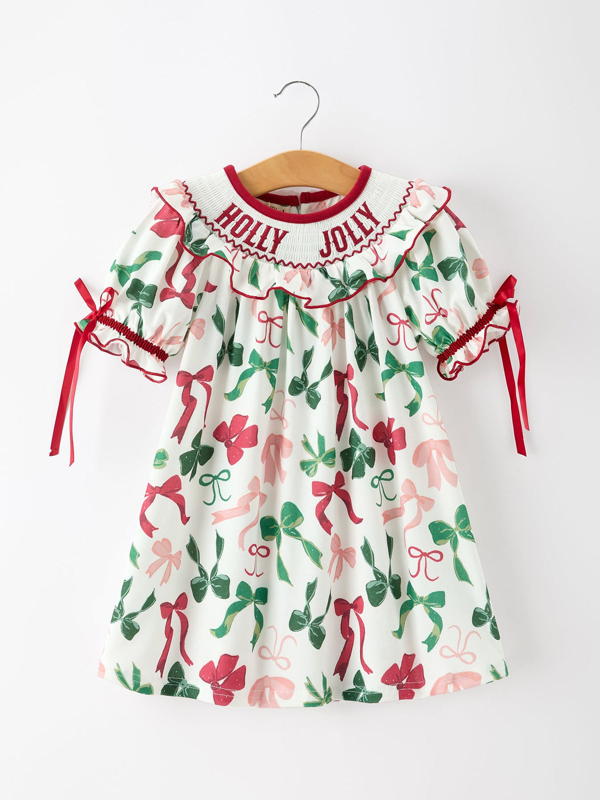 Rylee Faith Designs - Christmas Girls Holly Jolly Bow Smocked Ruffle Dress