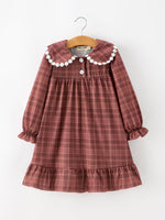 Rylee Faith Designs - Girls Brown Plaid Lace-Trim Peter Pan Collar Dress
