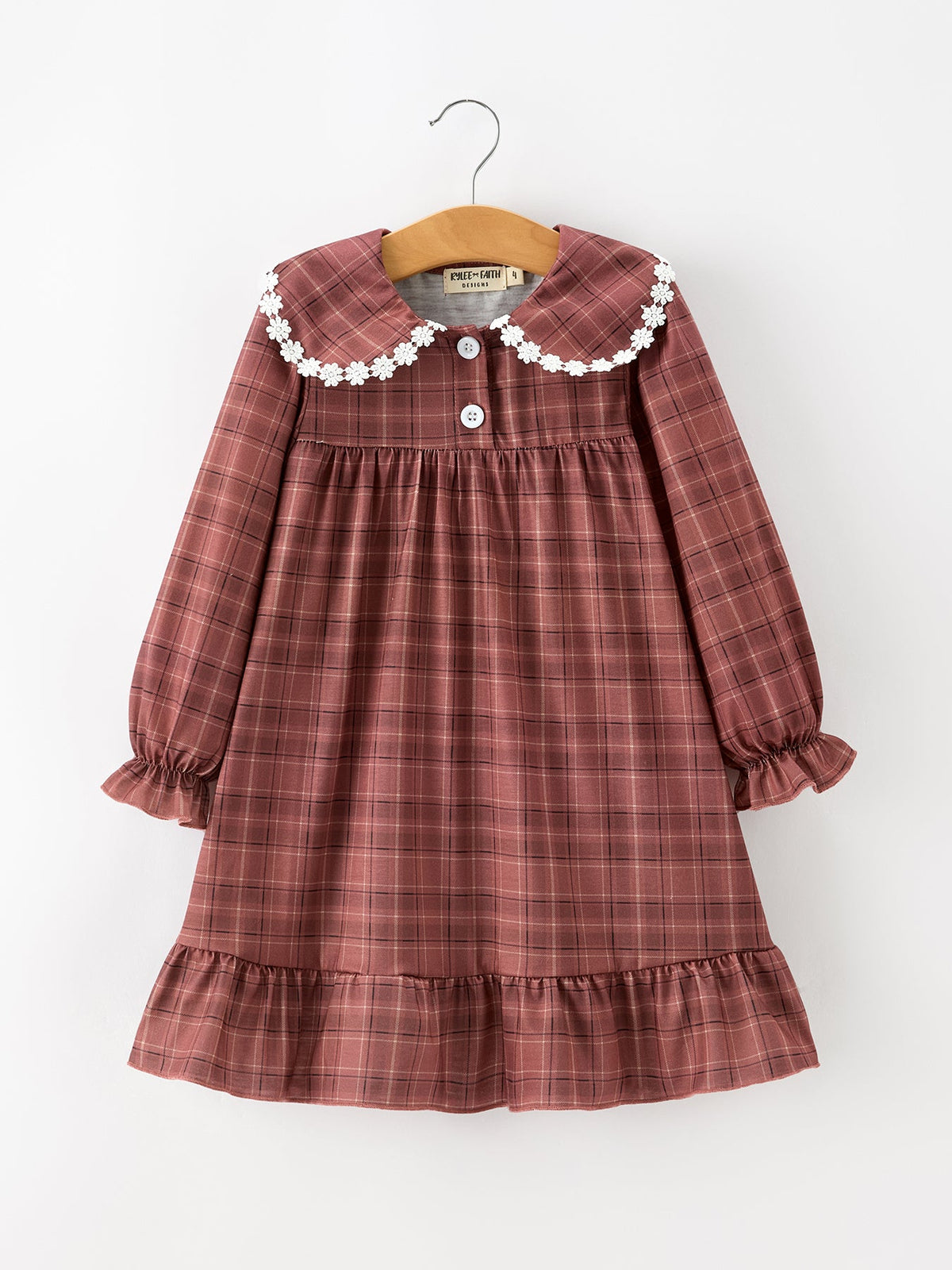 Rylee Faith Designs - Girls Brown Plaid Lace-Trim Peter Pan Collar Dress
