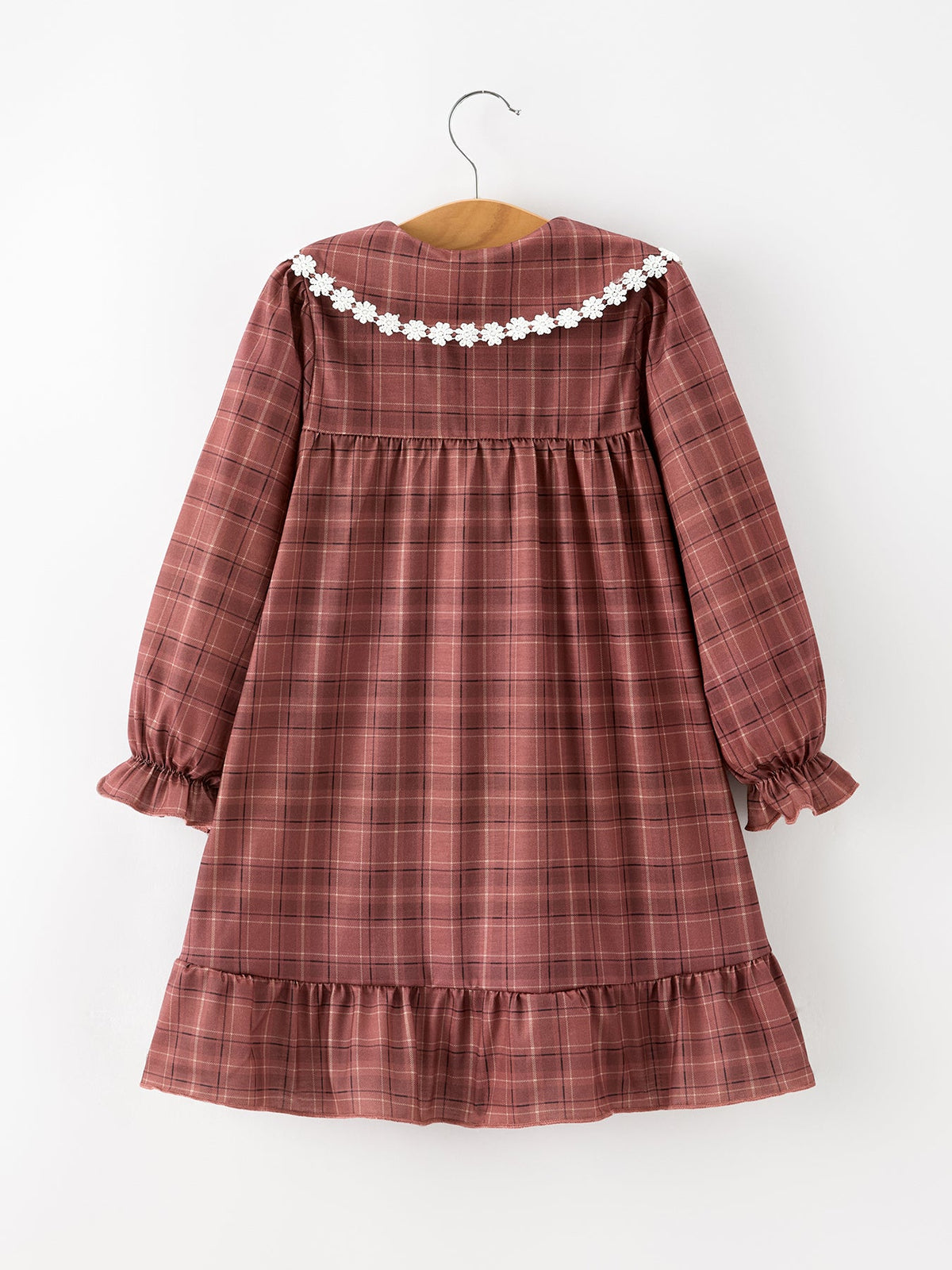 Rylee Faith Designs - Girls Brown Plaid Lace-Trim Peter Pan Collar Dress - alternate view 2