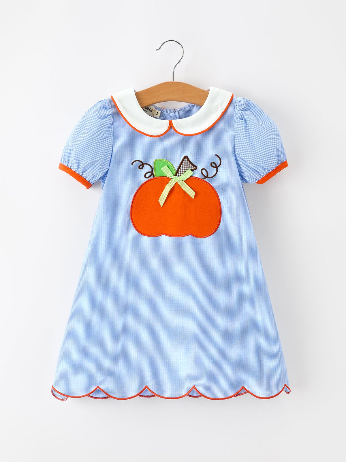Rylee Faith Designs - Fall Girls Plaid Pumpkin Appliqué Peter Pan Collar Dress