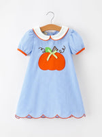 Rylee Faith Designs - Fall Girls Plaid Pumpkin Appliqué Peter Pan Collar Dress