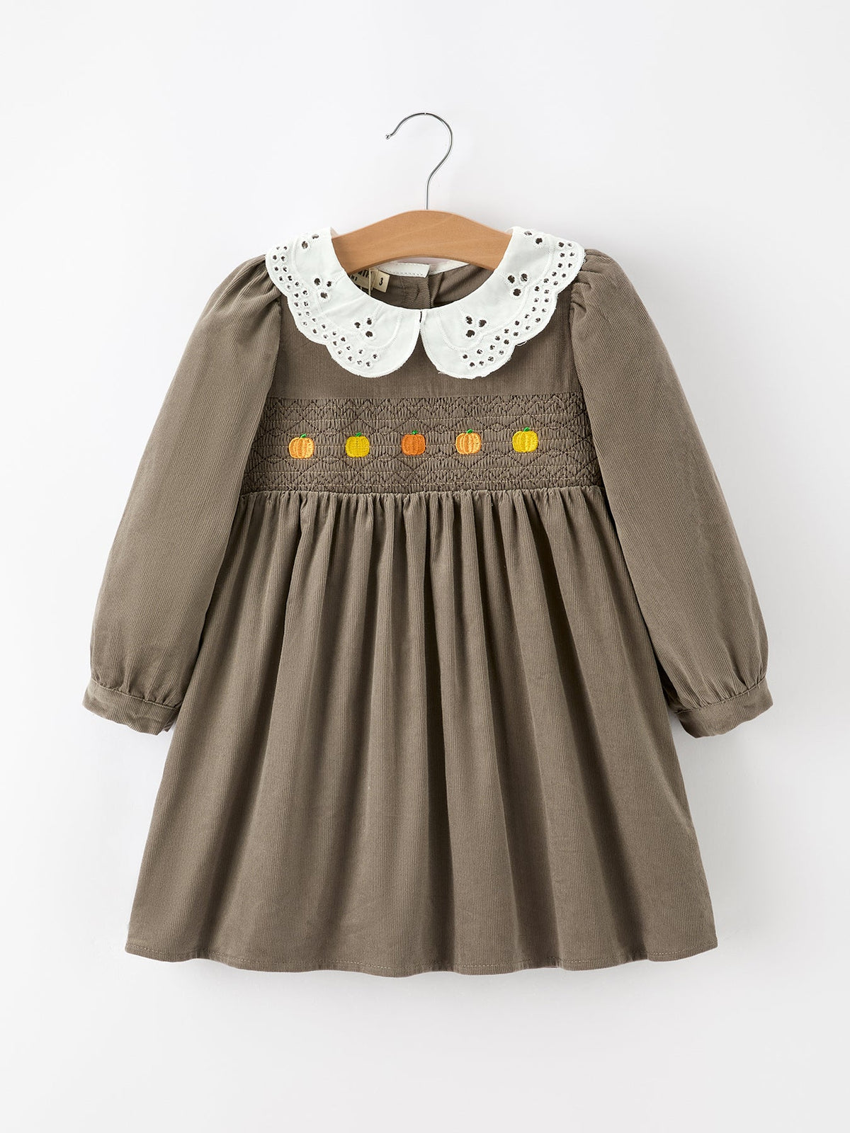 Rylee Faith Designs - Fall Girls Pumpkin Smocked Eyelet Collar Corduroy Dress