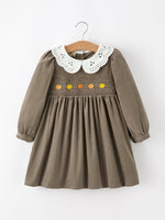 Rylee Faith Designs - Fall Girls Pumpkin Smocked Eyelet Collar Corduroy Dress
