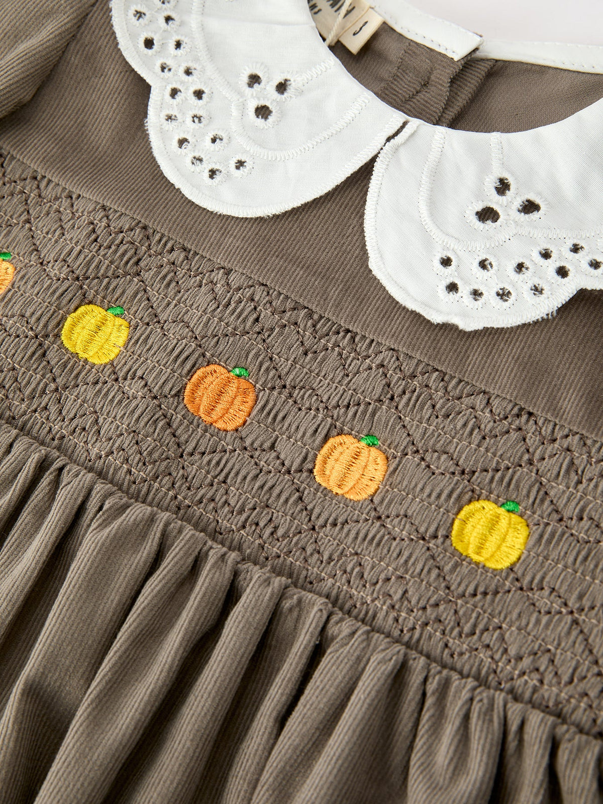 Rylee Faith Designs - Fall Girls Pumpkin Smocked Eyelet Collar Corduroy Dress - alternate view 3