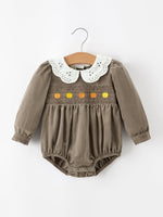 Rylee Faith Designs - Fall Baby Girls Pumpkin Smocked Eyelet Collar Romper