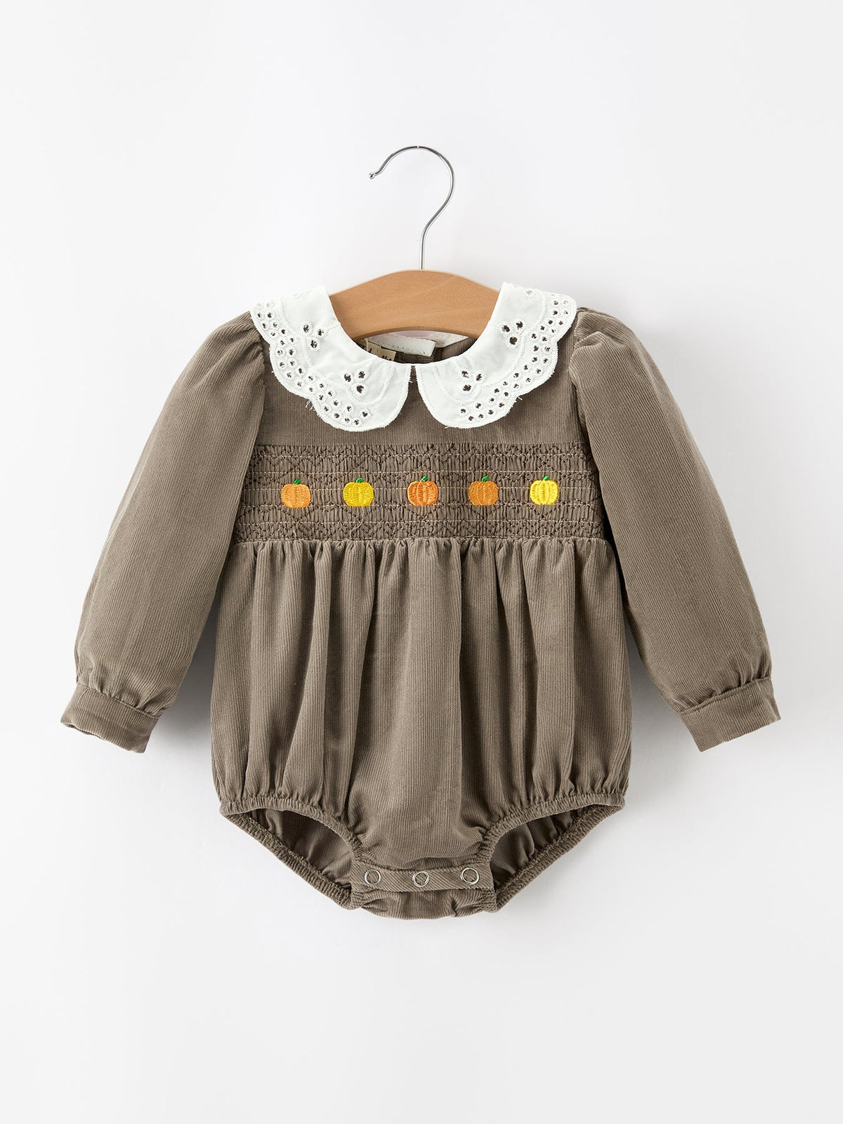 Rylee Faith Designs - Fall Baby Girls Pumpkin Smocked Eyelet Collar Romper