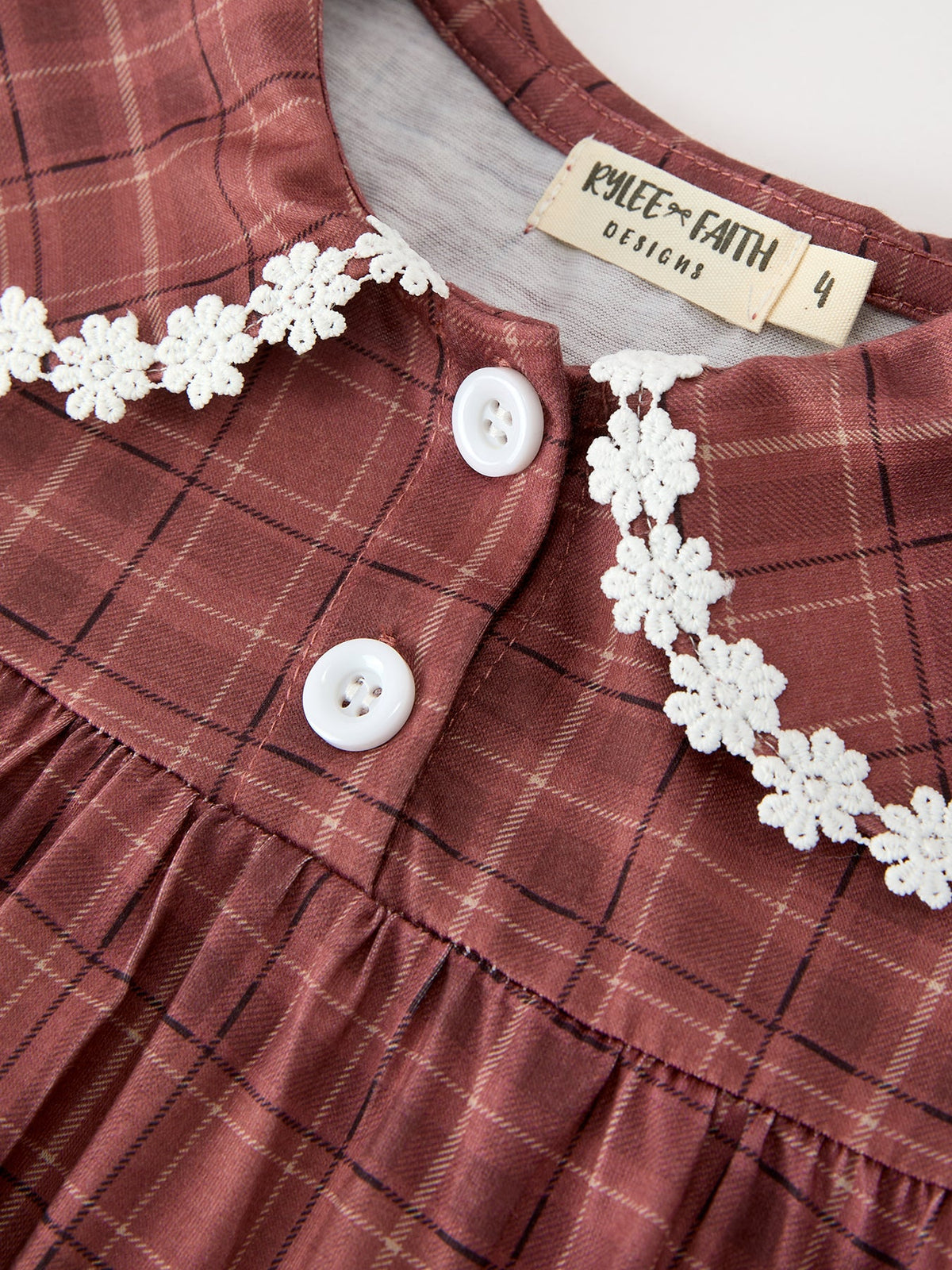 Rylee Faith Designs - Girls Brown Plaid Lace-Trim Peter Pan Collar Dress - alternate view 3