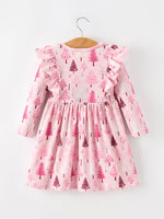 Rylee Faith Designs - Christmas Tree Print Girls Pink Ruffle Long Sleeve Dress - alternate view 2