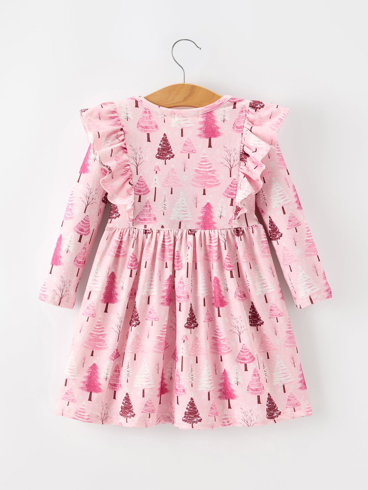 Rylee Faith Designs - Christmas Tree Print Girls Pink Ruffle Long Sleeve Dress - alternate view 2