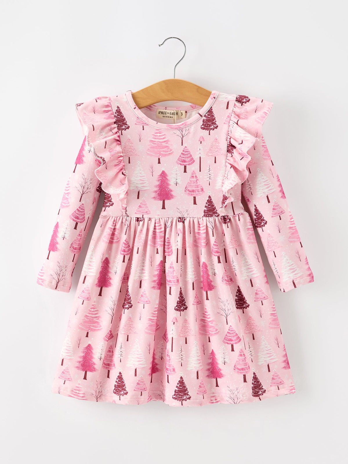 Rylee Faith Designs - Christmas Tree Print Girls Pink Ruffle Long Sleeve Dress