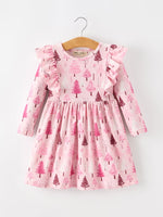 Rylee Faith Designs - Christmas Tree Print Girls Pink Ruffle Long Sleeve Dress