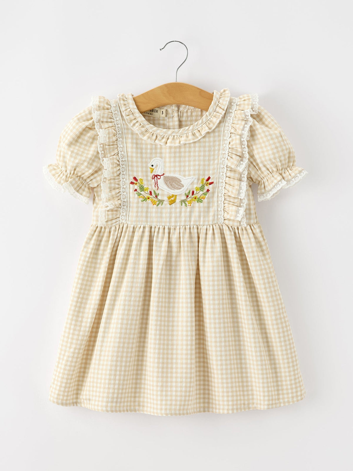 Rylee Faith Designs - Girls Goose Embroidered Beige Plaid Ruffle Dress