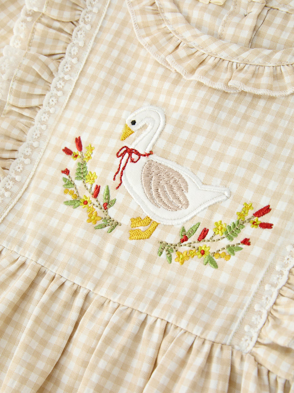 Rylee Faith Designs - Girls Goose Embroidered Beige Plaid Ruffle Dress - alternate view 3