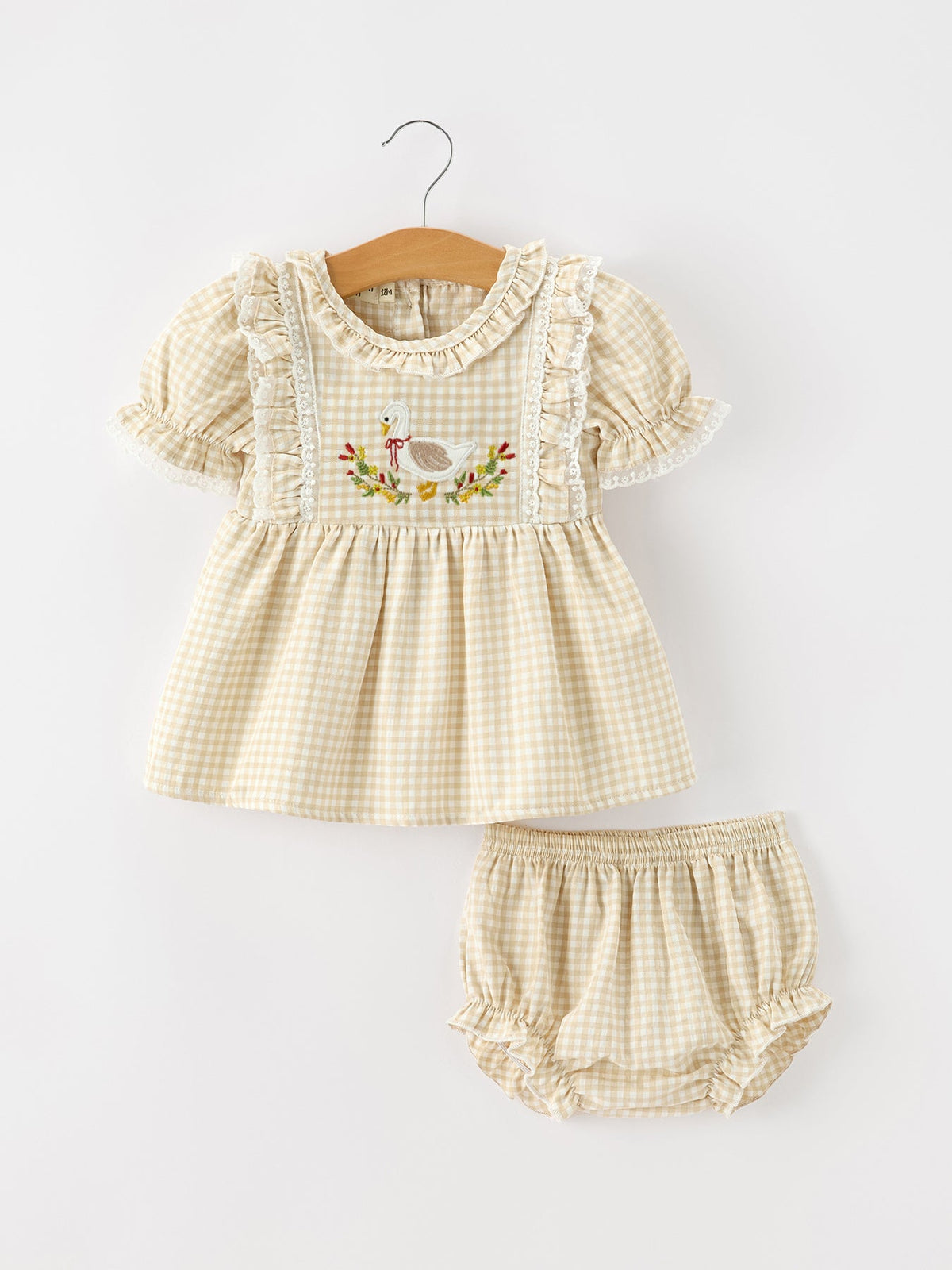 Rylee Faith Designs - Baby Girls Goose Embroidered Beige Plaid Ruffle Bloomer Set