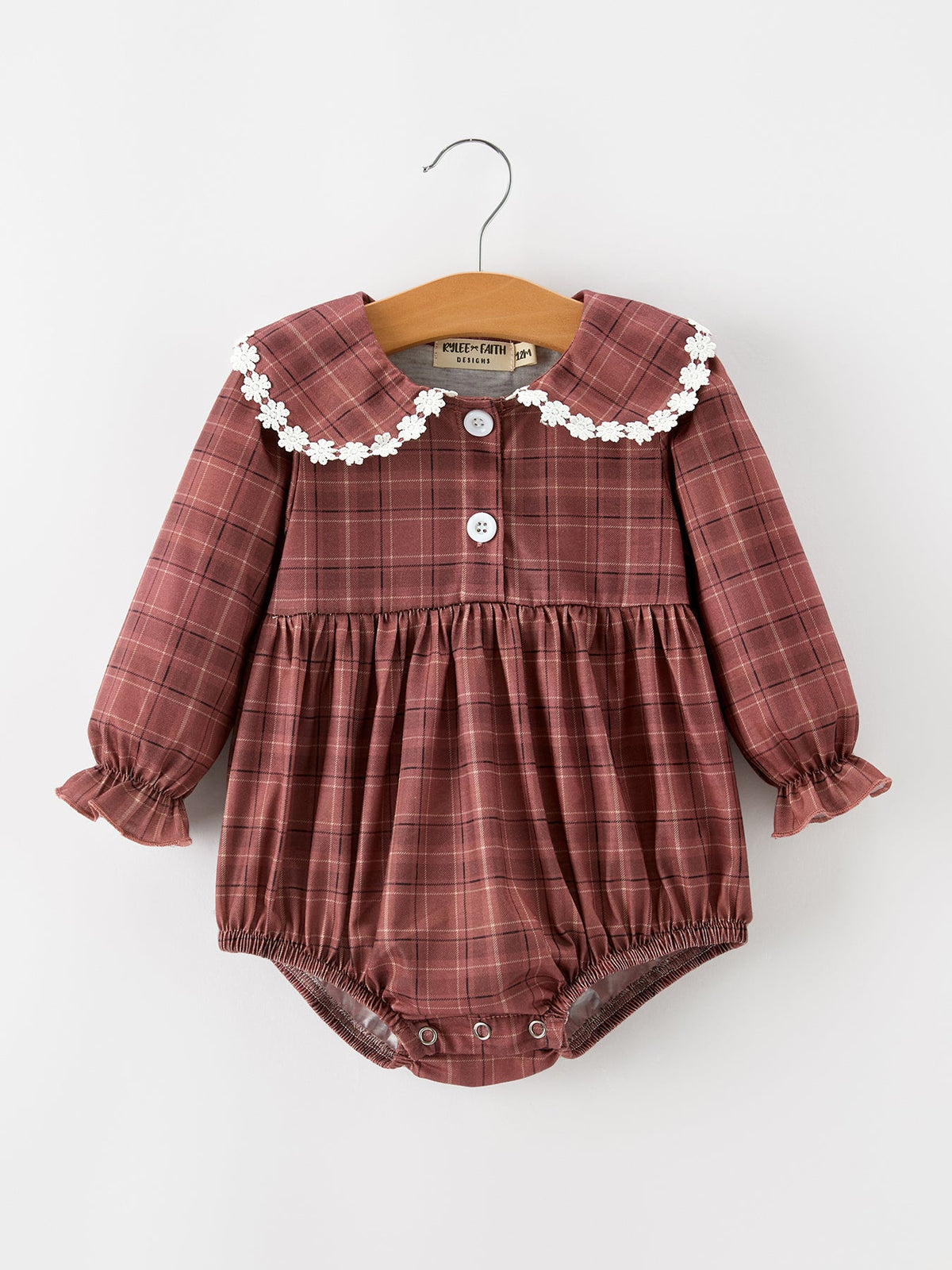 Rylee Faith Designs - Baby Girls Brown Plaid Floral Lace Collar Romper