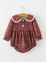 Rylee Faith Designs - Baby Girls Brown Plaid Floral Lace Collar Romper
