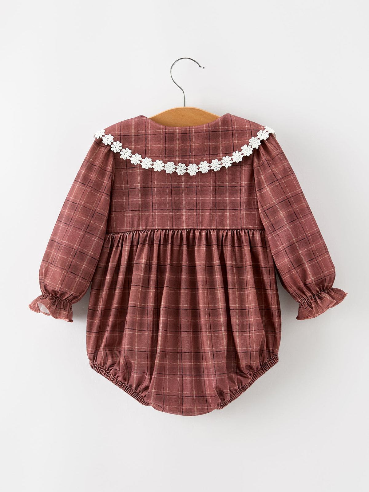 Rylee Faith Designs - Baby Girls Brown Plaid Floral Lace Collar Romper - alternate view 2