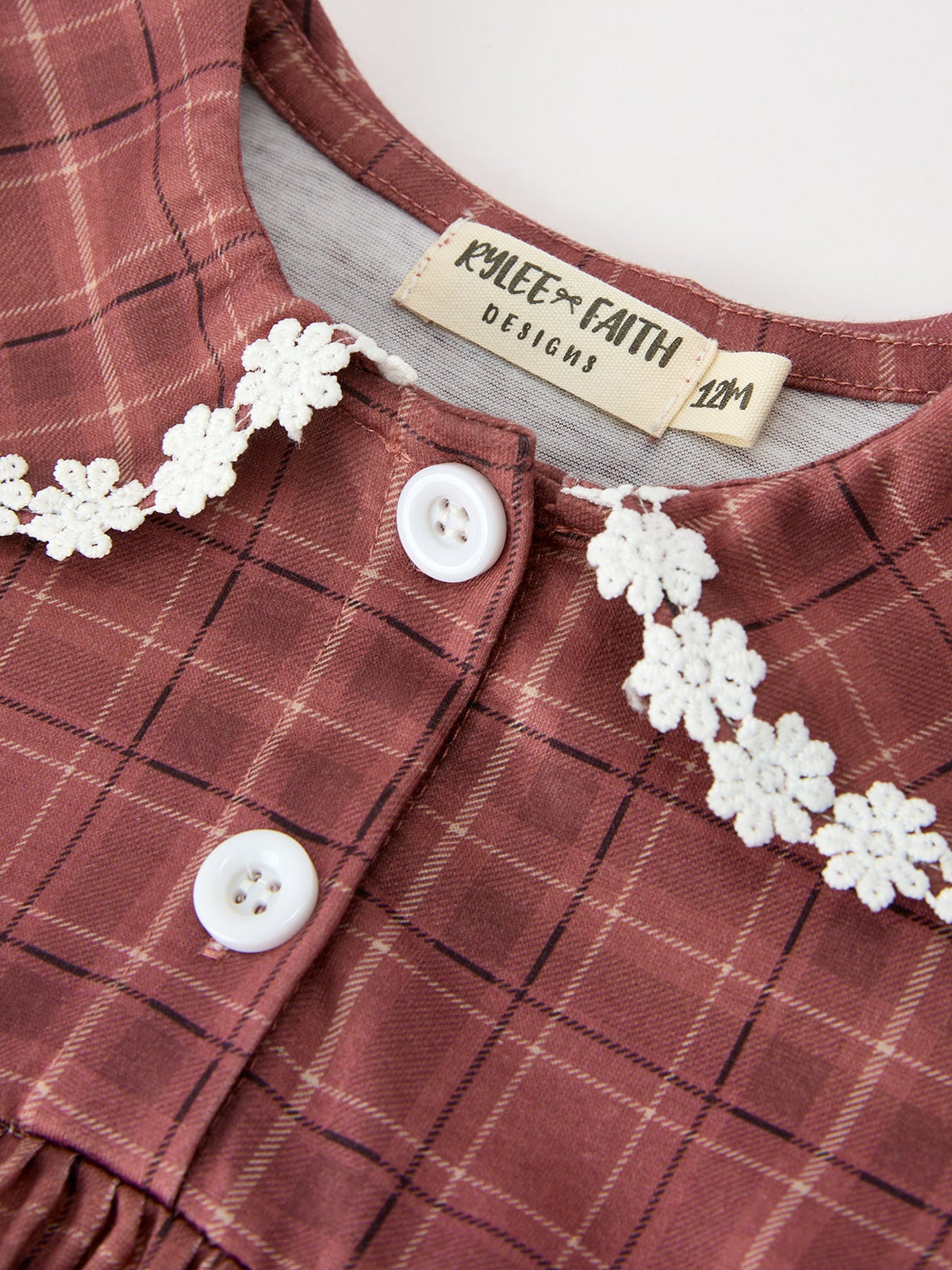 Rylee Faith Designs - Baby Girls Brown Plaid Floral Lace Collar Romper - alternate view 3