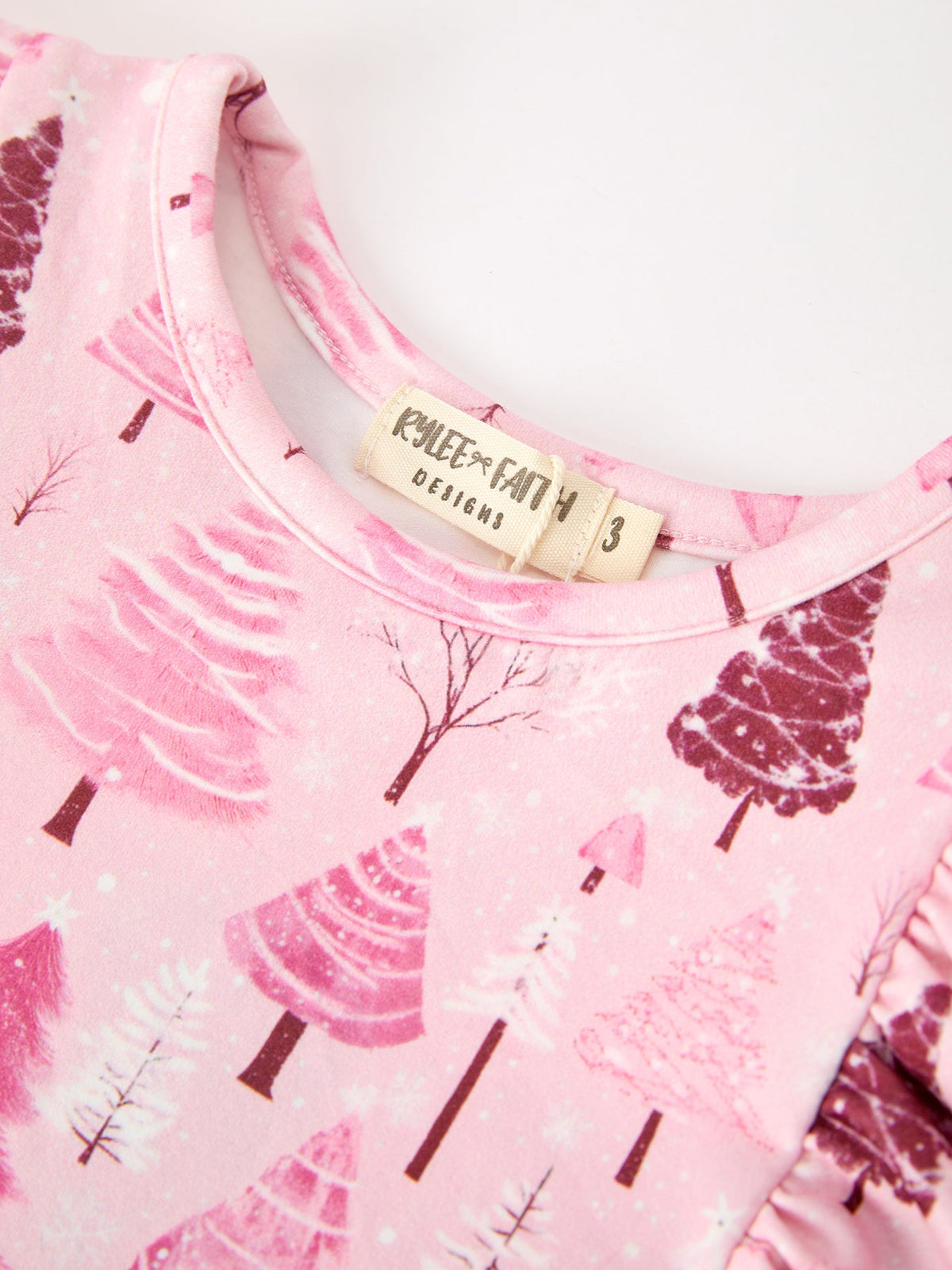 Rylee Faith Designs - Christmas Tree Print Girls Pink Ruffle Long Sleeve Dress - alternate view 3