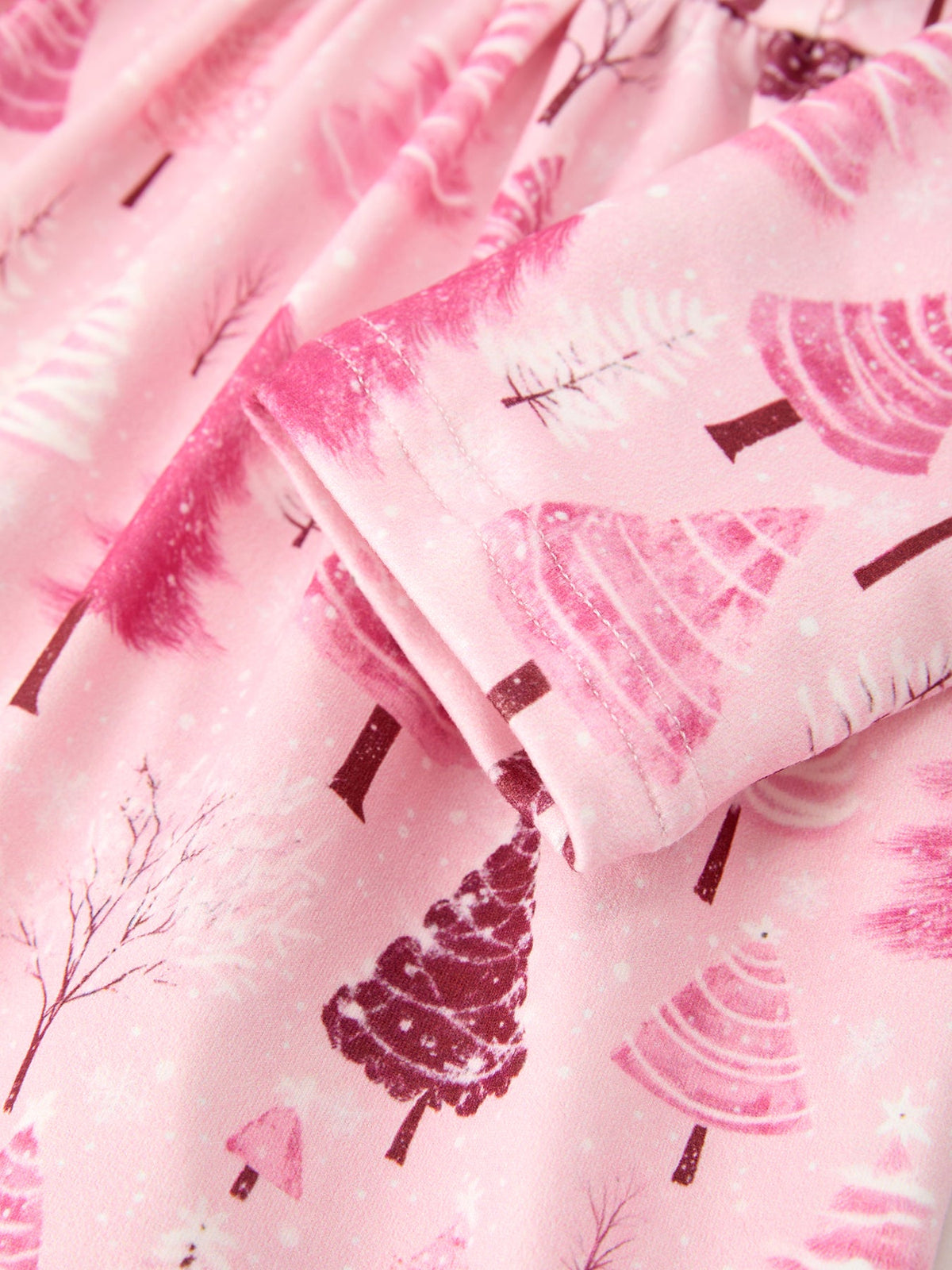 Rylee Faith Designs - Christmas Tree Print Girls Pink Ruffle Long Sleeve Dress - alternate view 5