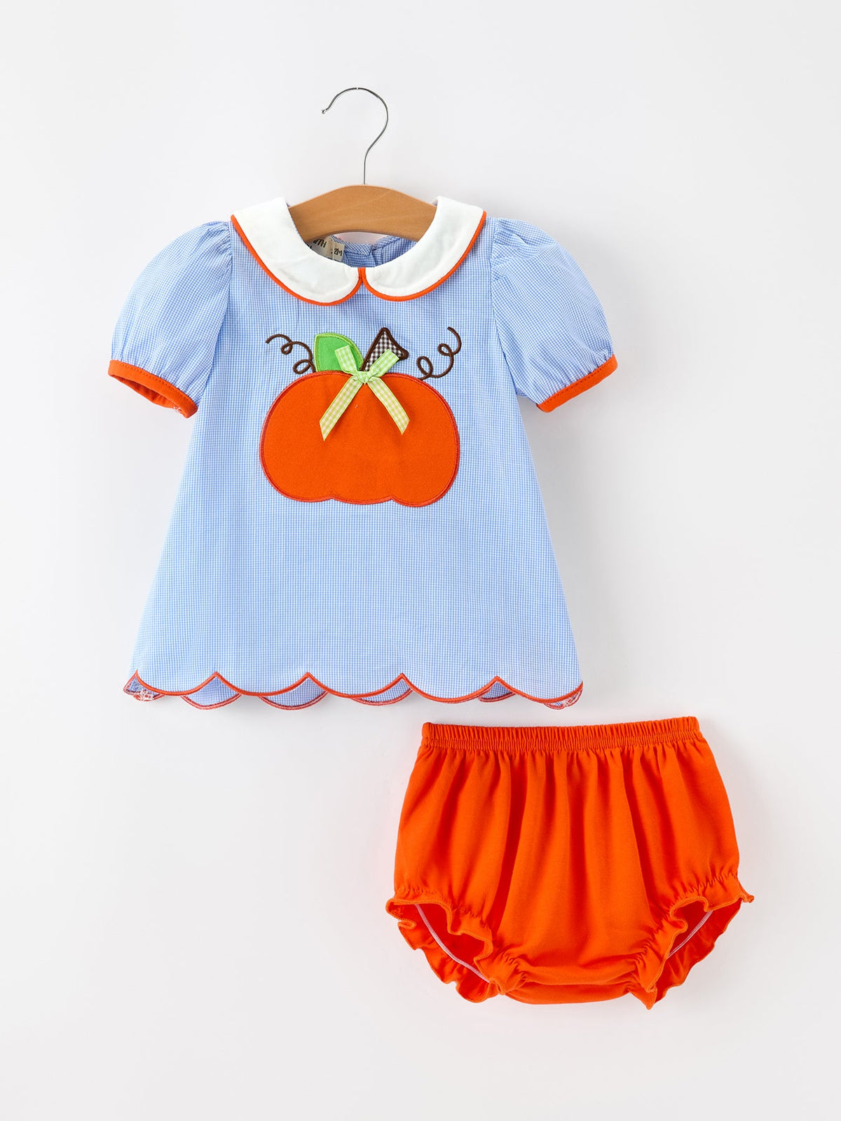 Rylee Faith Designs - Fall Girls Pumpkin Appliqué Peter Pan Collar Bloomer Set