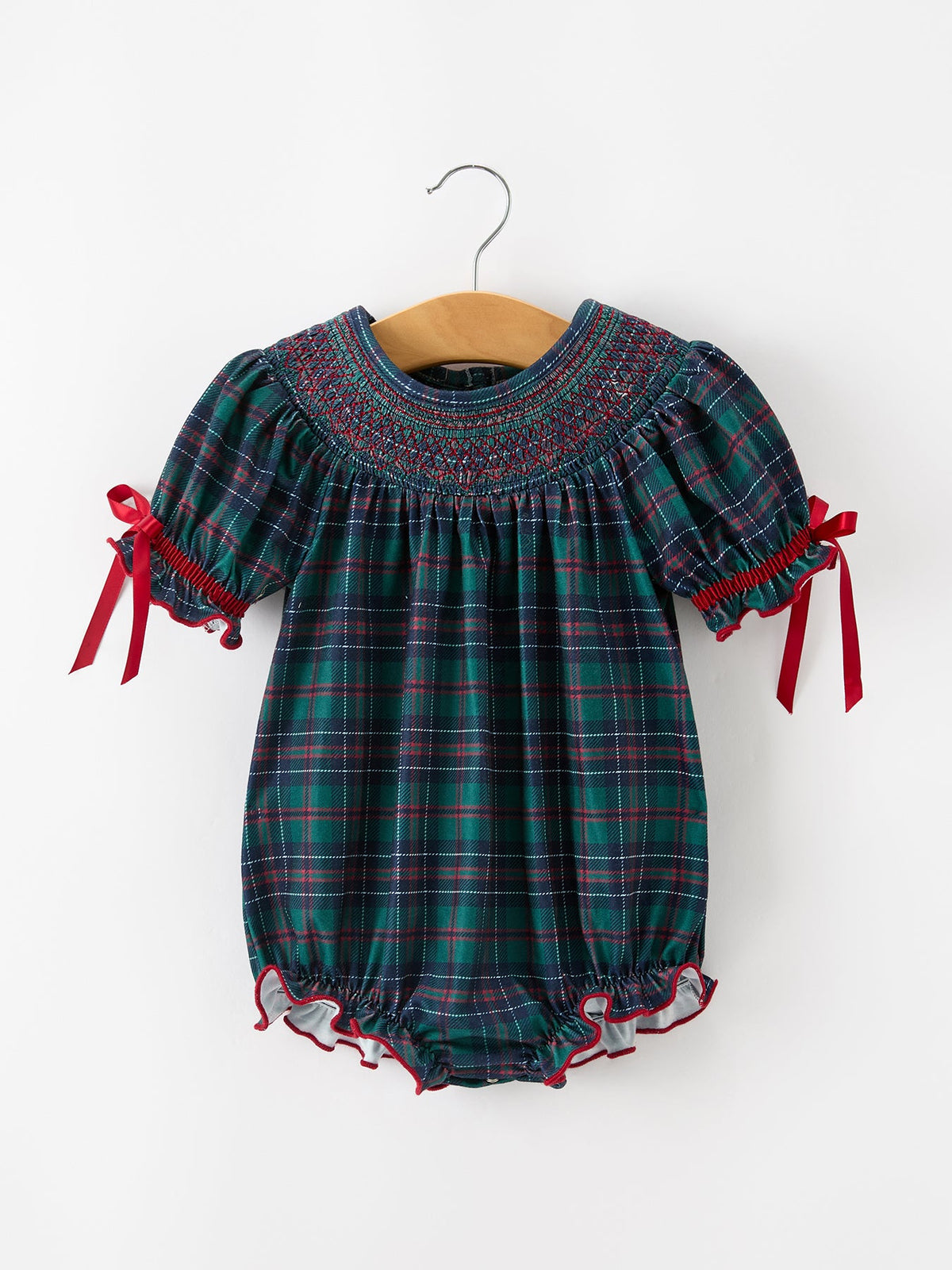 Rylee Faith Designs - Girls Christmas Plaid Smocked Bubble Romper