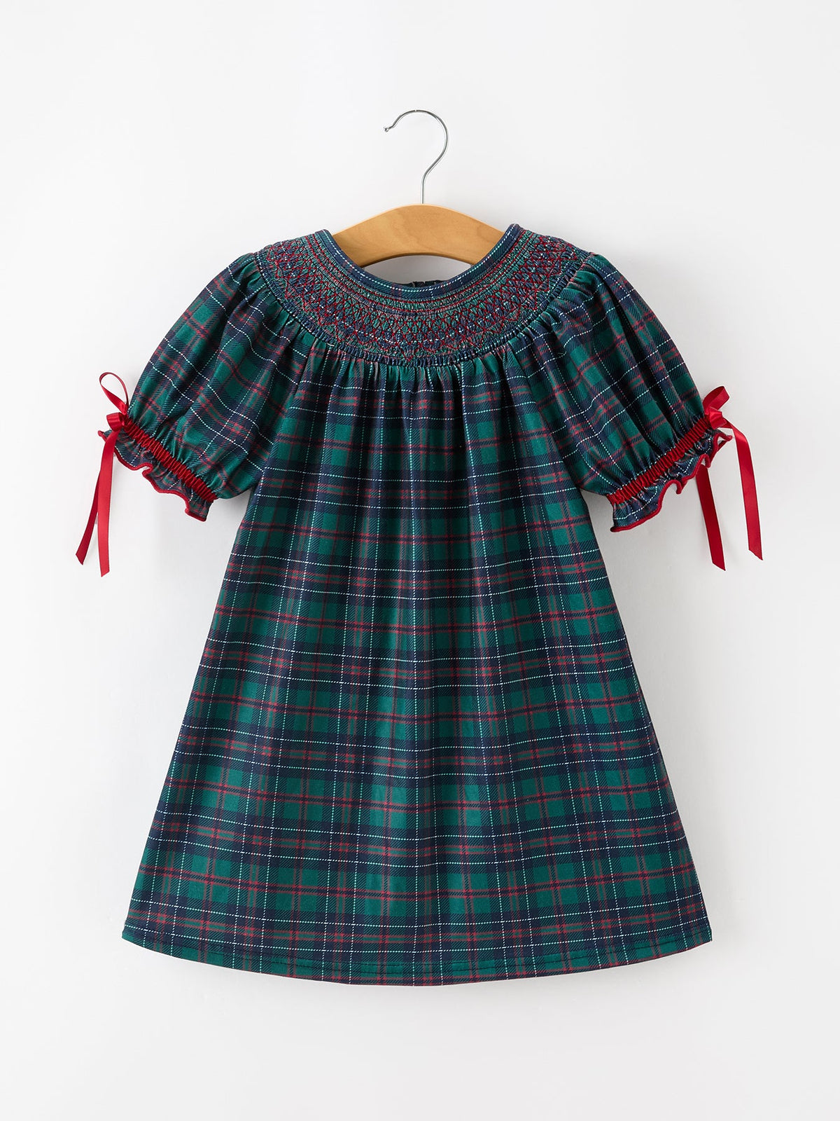 Rylee Faith Designs - Christmas Girls Plaid Smocked Dres Puff Sleeves