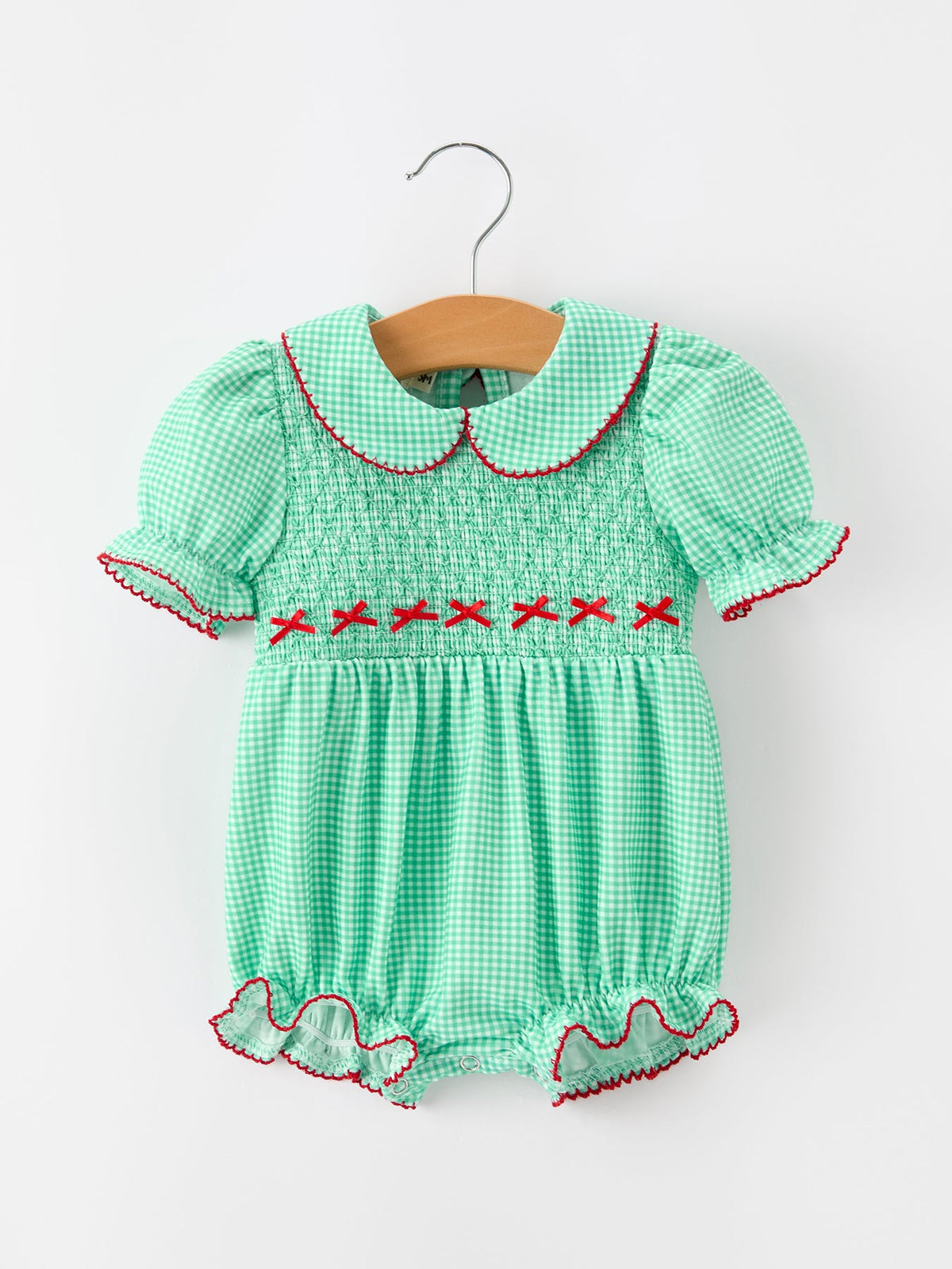 Rylee Faith Designs - Christmas Girls Green Plaid Smocked Bow Bubble Romper