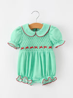Rylee Faith Designs - Christmas Girls Green Plaid Smocked Bow Bubble Romper
