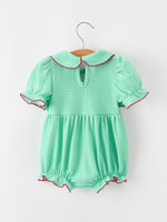 Rylee Faith Designs - Christmas Girls Green Plaid Smocked Bow Bubble Romper - alternate view 2