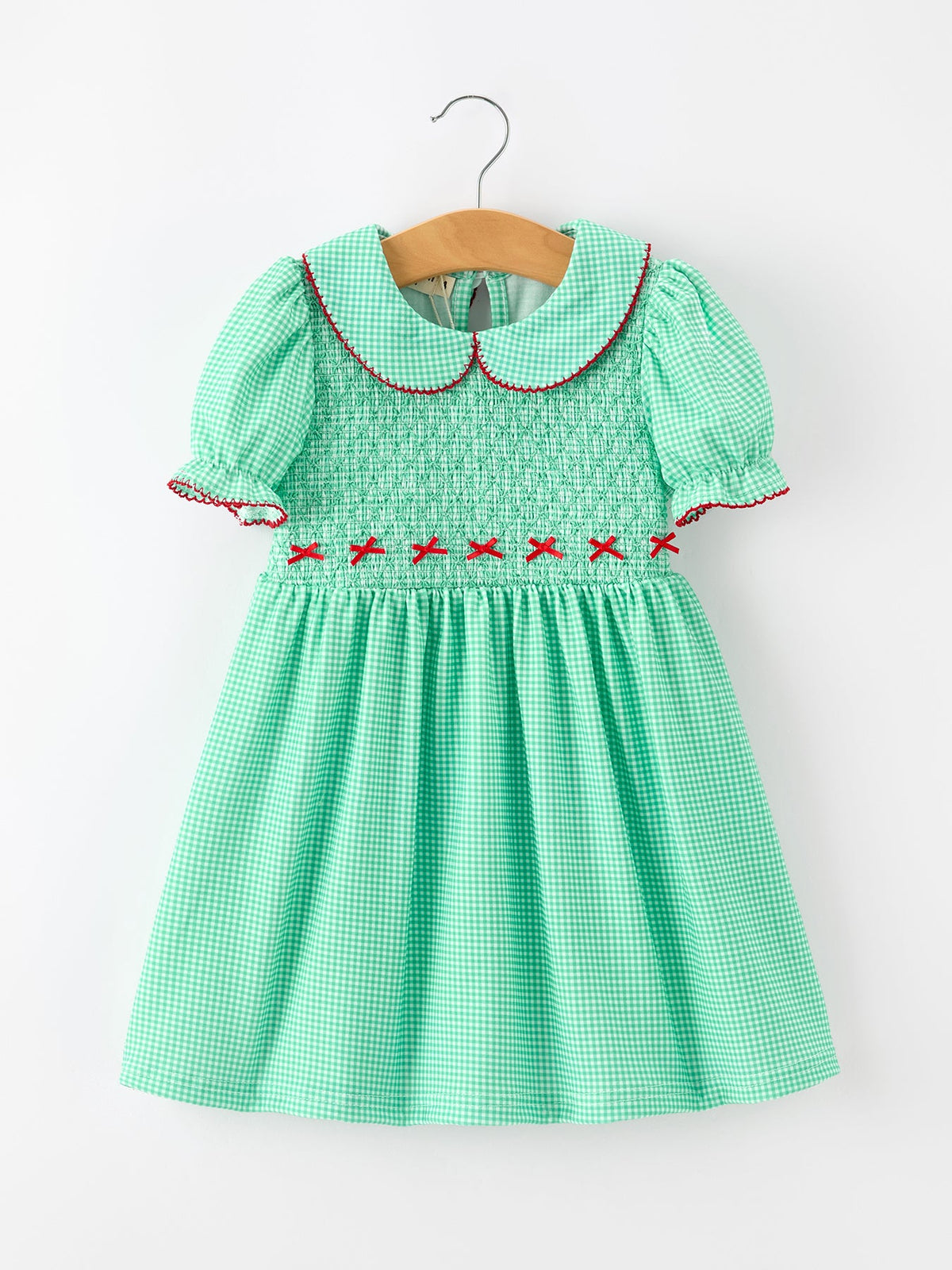 Rylee Faith Designs - Christmas Girls Green Plaid Smocked Bow Peter Pan Collar Dress