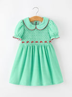 Rylee Faith Designs - Christmas Girls Green Plaid Smocked Bow Peter Pan Collar Dress