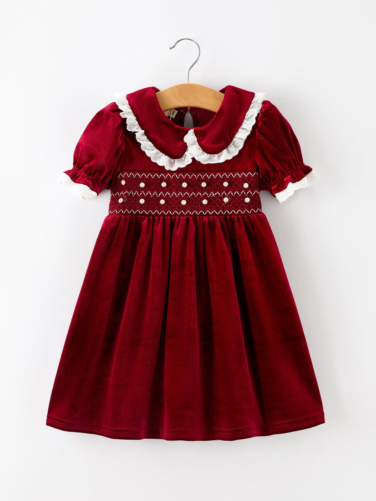 Rylee Faith Designs - Christmas Burgundy Velvet Girls Smocked Pearl Lace Collar Dress