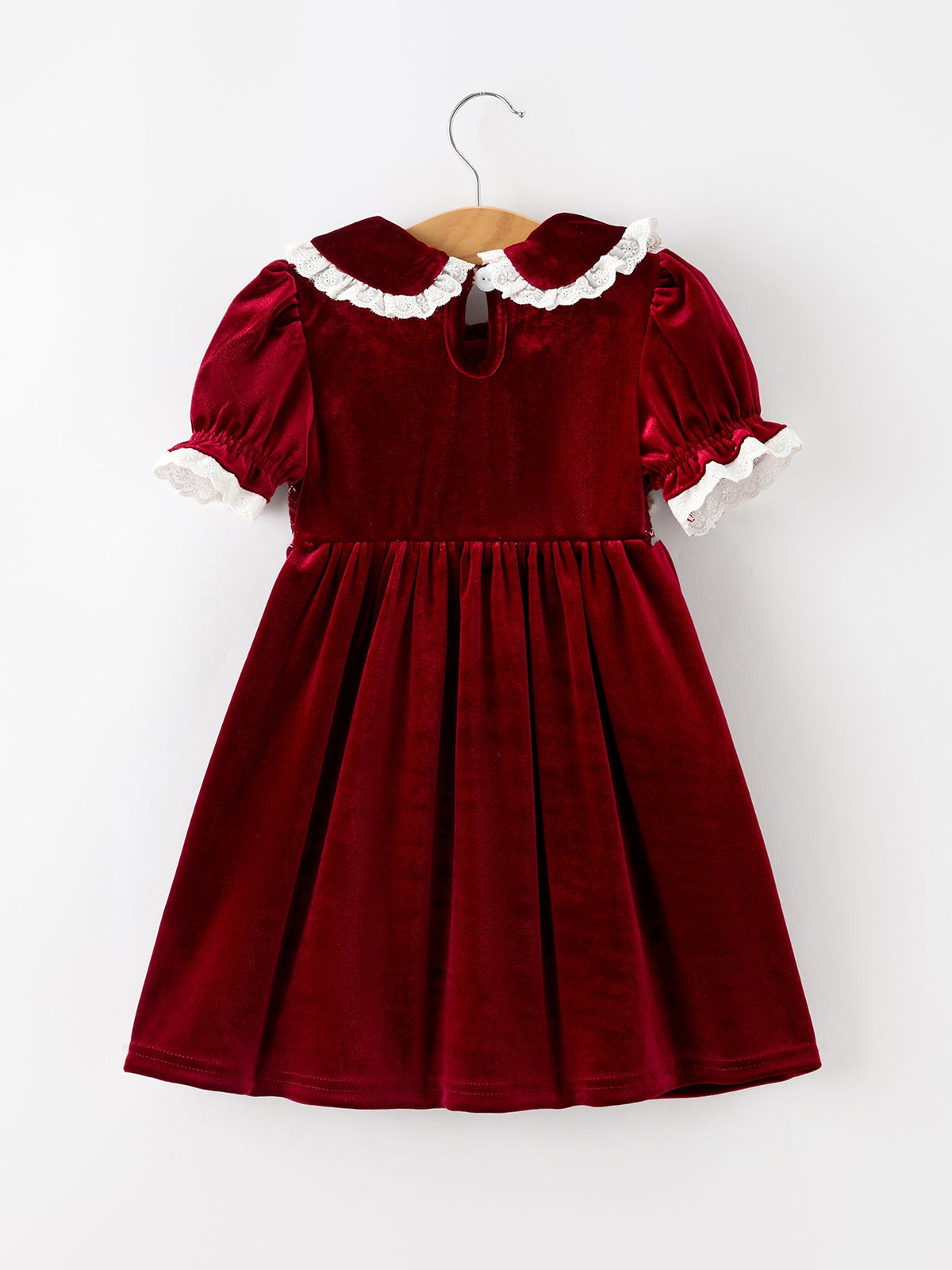 Rylee Faith Designs - Christmas Burgundy Velvet Girls Smocked Pearl Lace Collar Dress - alternate view 2