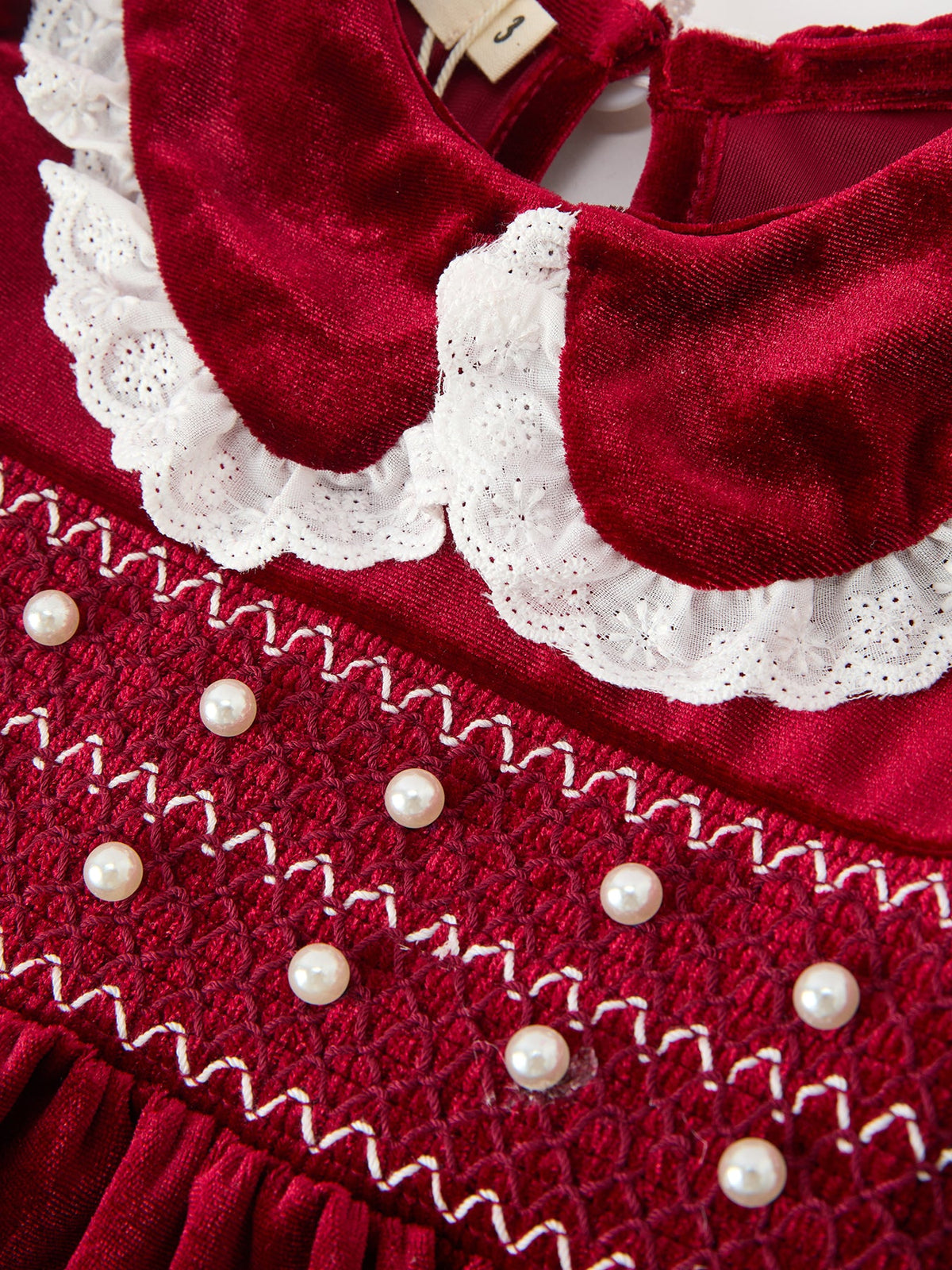 Rylee Faith Designs - Christmas Burgundy Velvet Girls Smocked Pearl Lace Collar Dress - alternate view 3