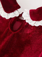 Rylee Faith Designs - Christmas Burgundy Velvet Girls Smocked Pearl Lace Collar Dress - alternate view 4