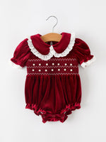 Rylee Faith Designs - Christmas Burgundy Velvet Baby Girl Smocked Pearl Romper