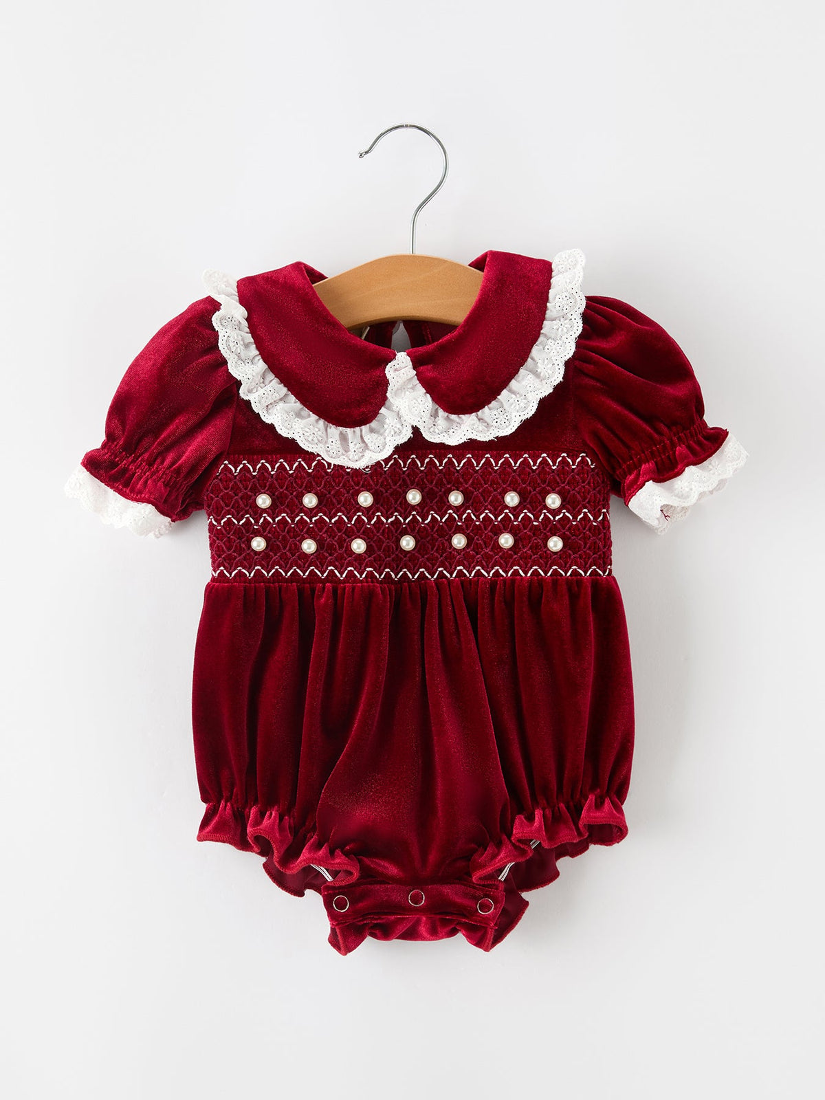 Rylee Faith Designs - Christmas Burgundy Velvet Baby Girl Smocked Pearl Romper