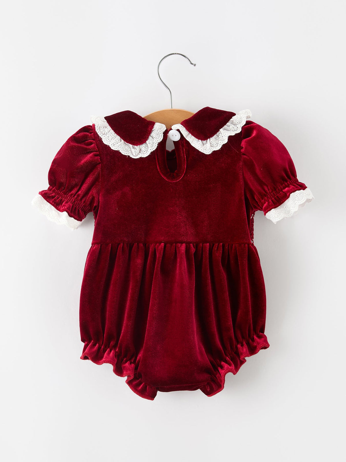 Rylee Faith Designs - Christmas Burgundy Velvet Baby Girl Smocked Pearl Romper - alternate view 2